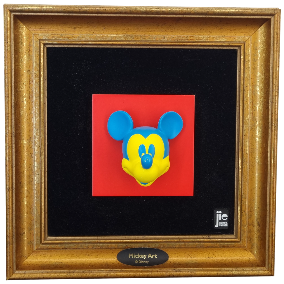 Mickey Mouse wall art framed_ yellow blue face with red background - Jie Gantofta Sweden