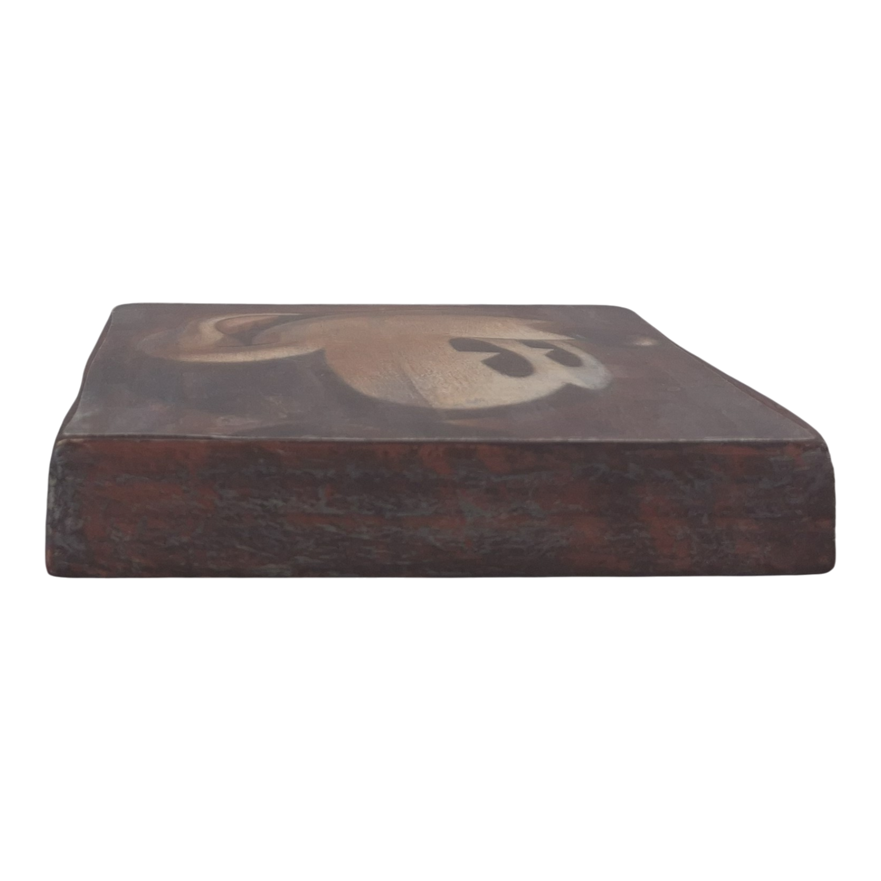 Jie Art Mickey Mouse Sepia Laughing Face Resin Wall Art _top Weathered wooden box with a faded skull design on the lid against a black background.