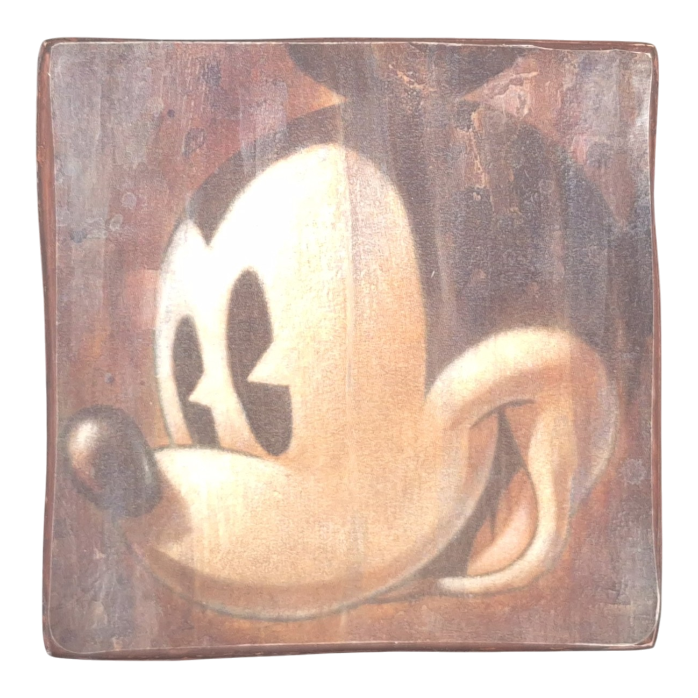 Jie Art Mickey Mouse resin wall art with a sepia-toned laughing face design on a shaped square base.