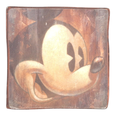 Jie Art Mickey Mouse resin wall art by Stefan Lindahl, featuring a sepia-toned smiling face design on a shaped square base.