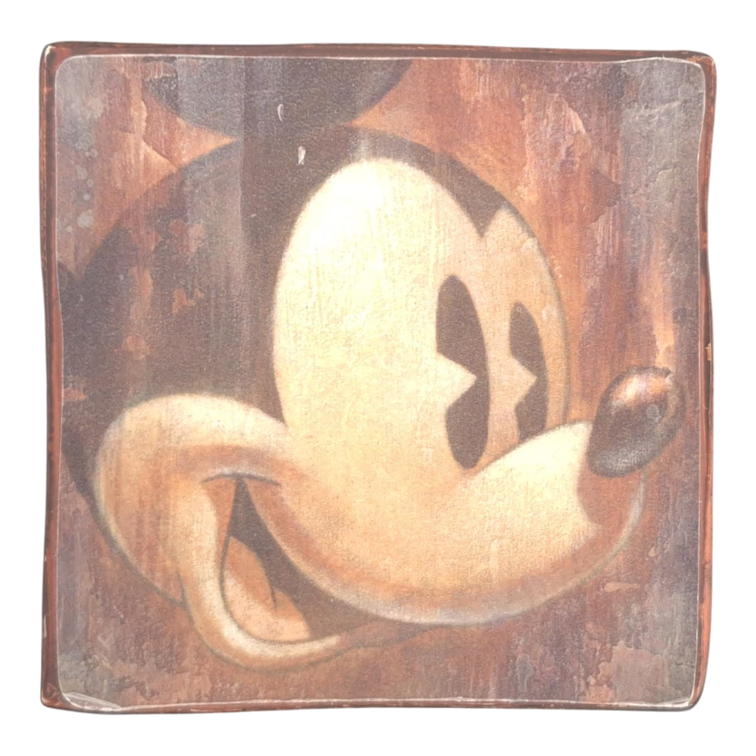 Jie Art Mickey Mouse resin wall art by Stefan Lindahl, featuring a sepia-toned smiling face design on a shaped square base.