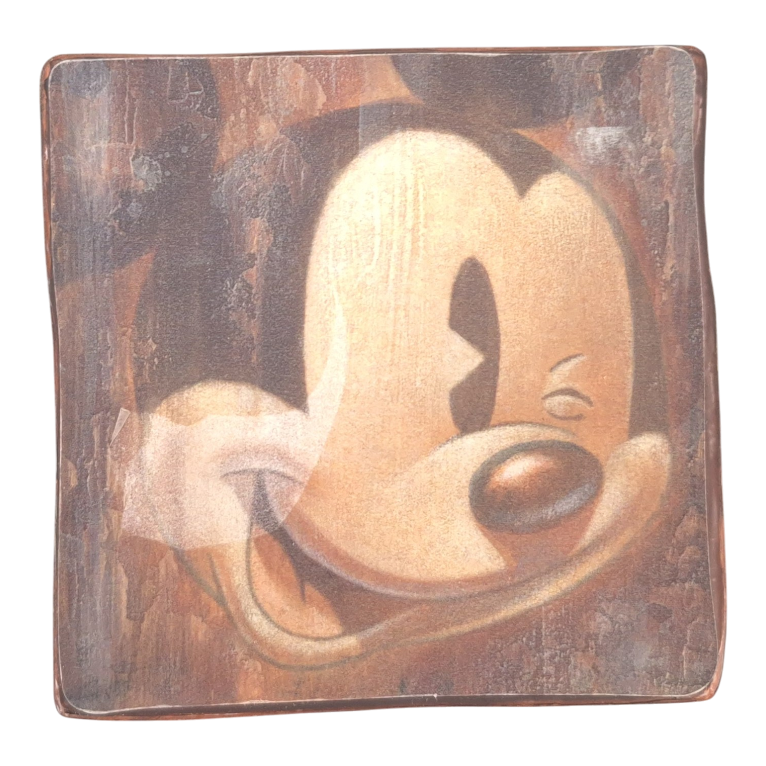 Jie Art Mickey Mouse resin wall art by Stefan Lindahl, featuring a sepia-toned winking face design on a shaped square base.