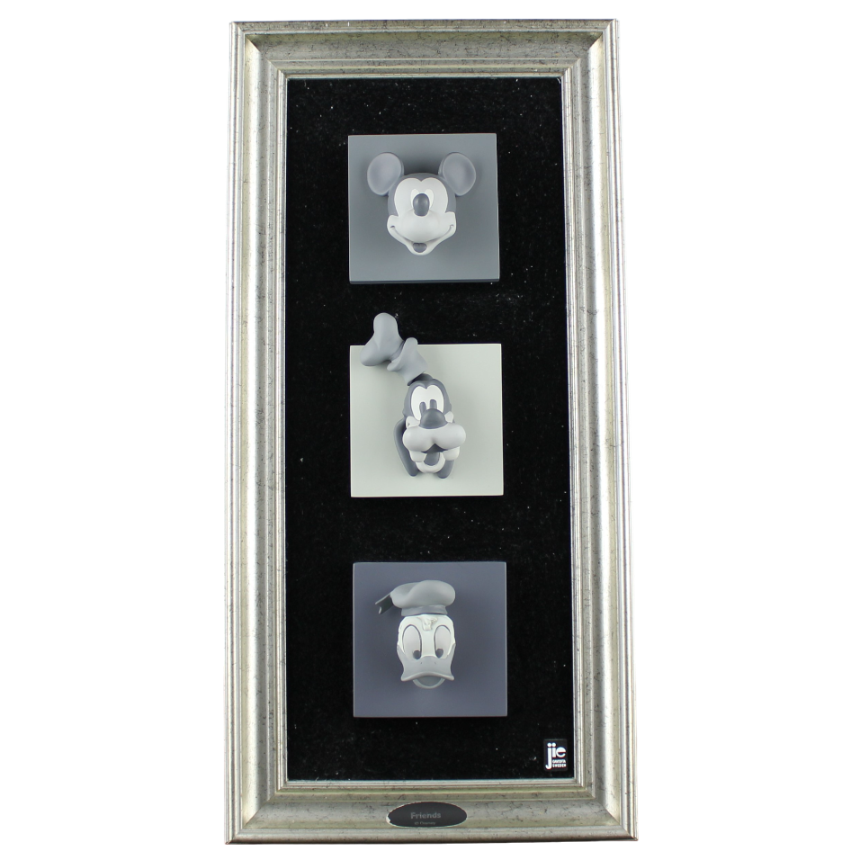 Alternative Jie Art Disney Friends wall artwork featuring Mickey Mouse, Goofy and Donald Duck in a tall black and white version