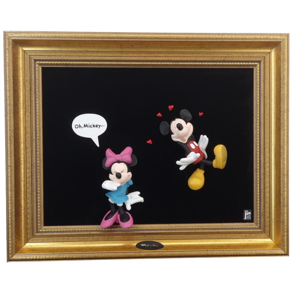 Framed Jie Art Disney wall artwork featuring Mickey and Minnie Mouse in the scene What a Kiss
