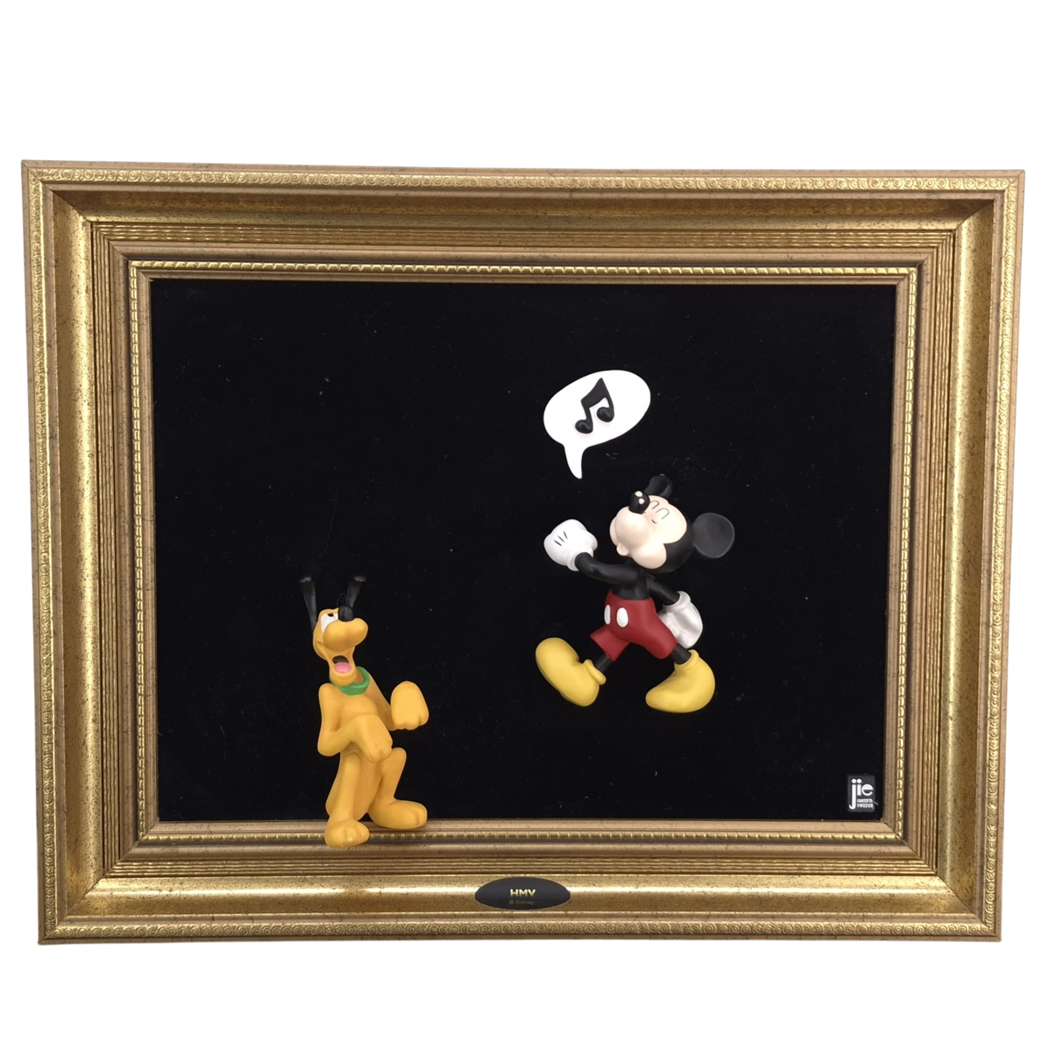 Framed Jie Art Disney wall artwork featuring Mickey Mouse whistling with Pluto on a dark background